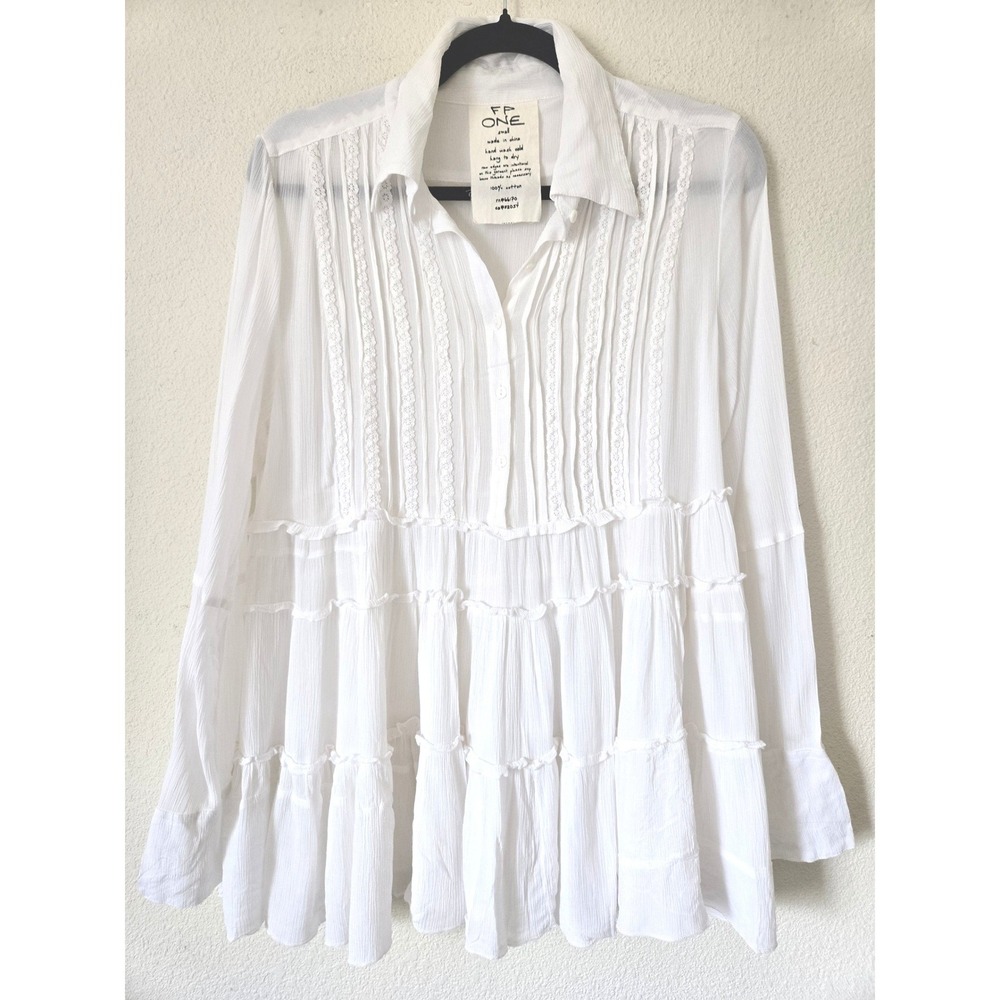 Free People One White Cotton Gauze Lace Tiered Babydoll Tunic Top Small - Picture 2 of 8